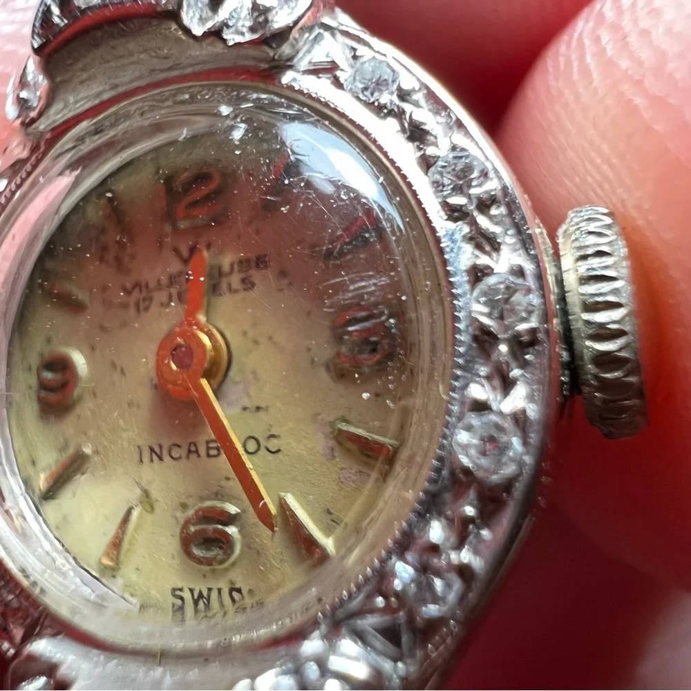 Vintage Benrus 14K Gold and Diamonds Ladies Wrist Watch, White Gold, Art Deco